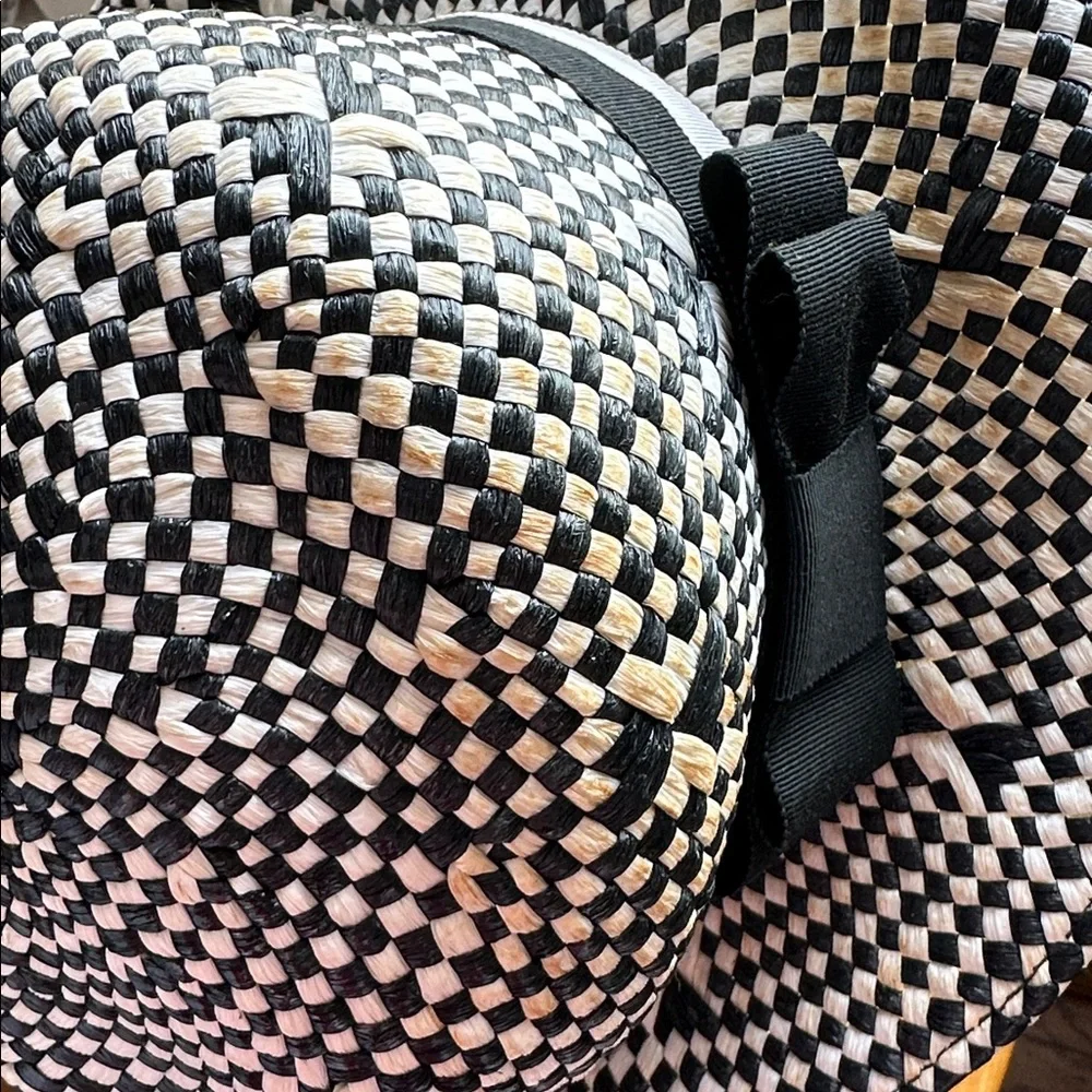 Vintage 60s Mod‎ Look  Sears Black & White Woven Hat with Ribbon Bow